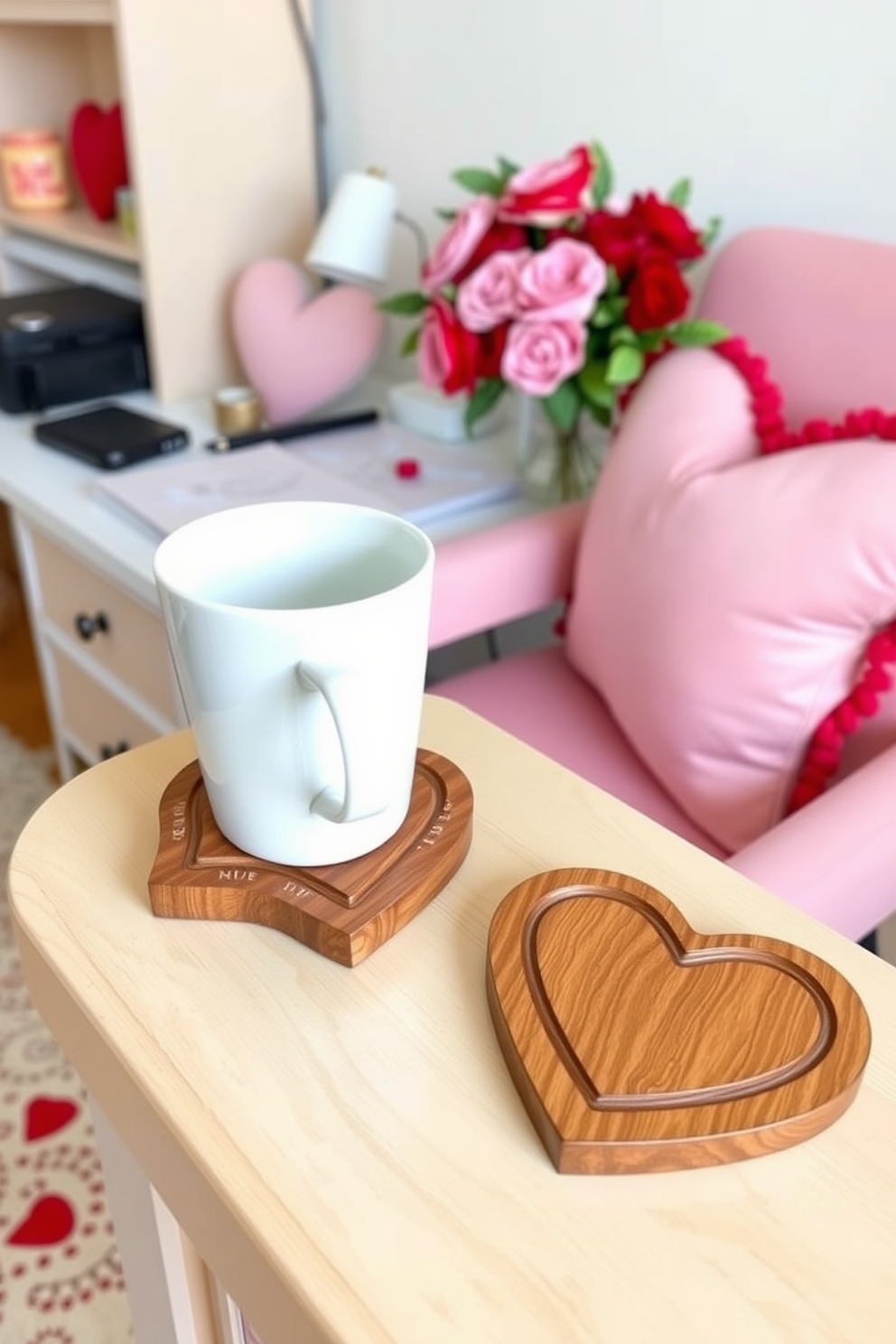 Heart shaped coasters for coffee cups. The coasters are made of polished wood with a smooth finish and feature intricate carvings that add a touch of elegance. Home Office Valentines Day Decorating Ideas. A cozy workspace adorned with soft pink and red accents, including heart-shaped cushions on the chair and a romantic floral arrangement on the desk.