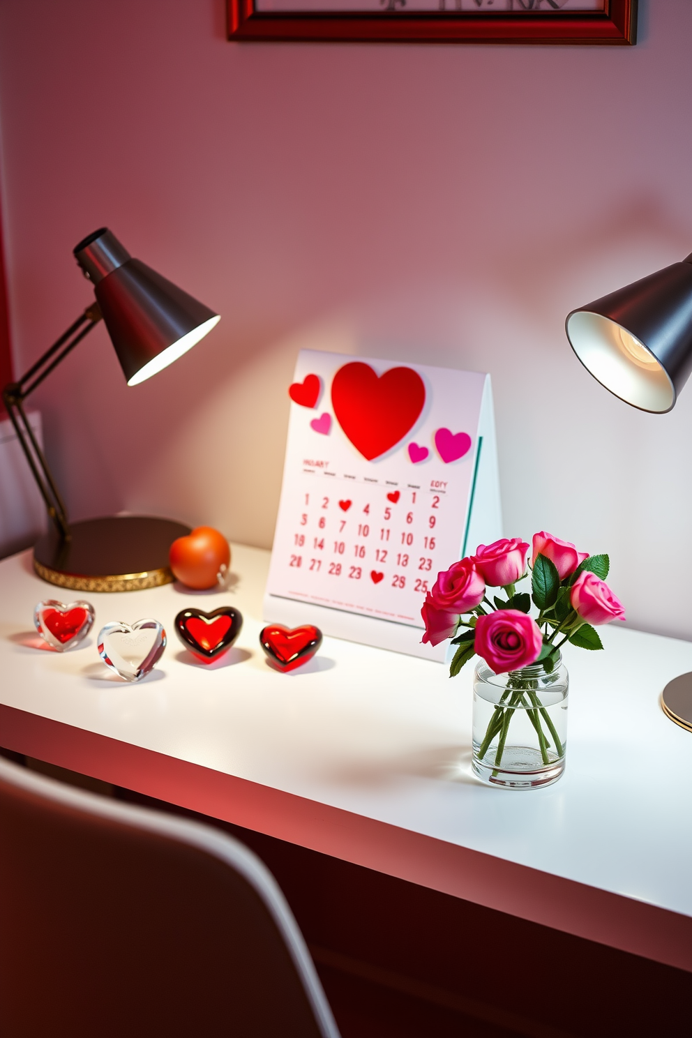 A charming home office setup featuring a Valentine themed desk calendar display. The calendar is adorned with heart motifs and vibrant pink and red colors, sitting atop a sleek white desk. Surrounding the desk are decorative elements like heart-shaped paperweights and a bouquet of fresh roses in a glass vase. Soft ambient lighting enhances the romantic atmosphere, creating an inviting workspace perfect for celebrating Valentine's Day.