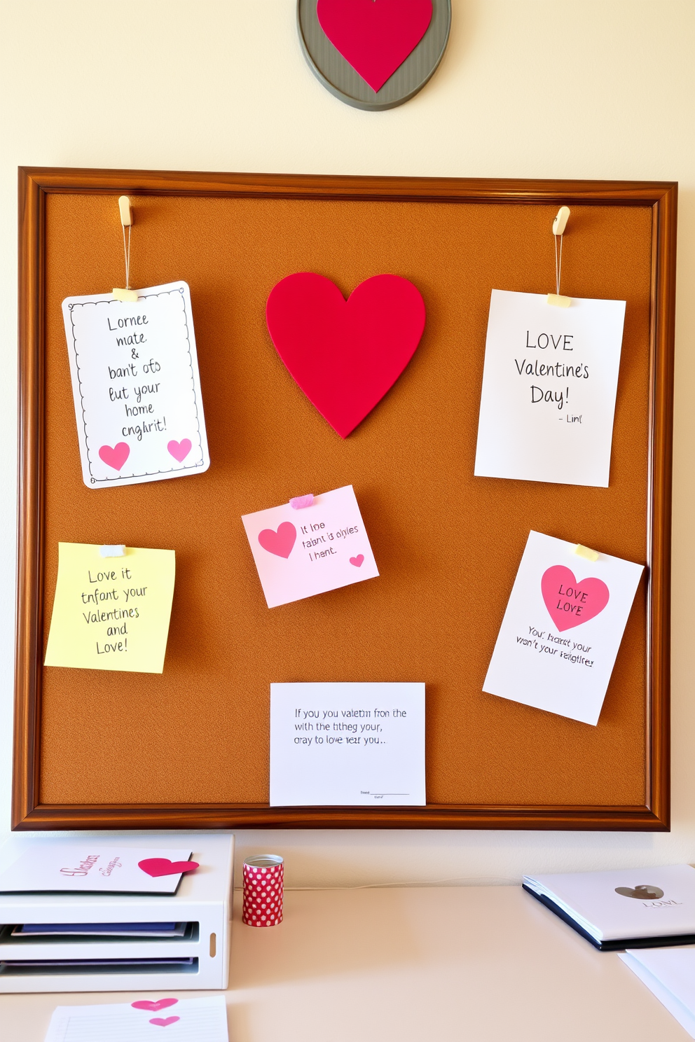 A charming home office adorned with cute love notes pinned on a bulletin board. The notes feature colorful designs and heartfelt messages, creating a warm and inviting atmosphere for Valentine's Day.