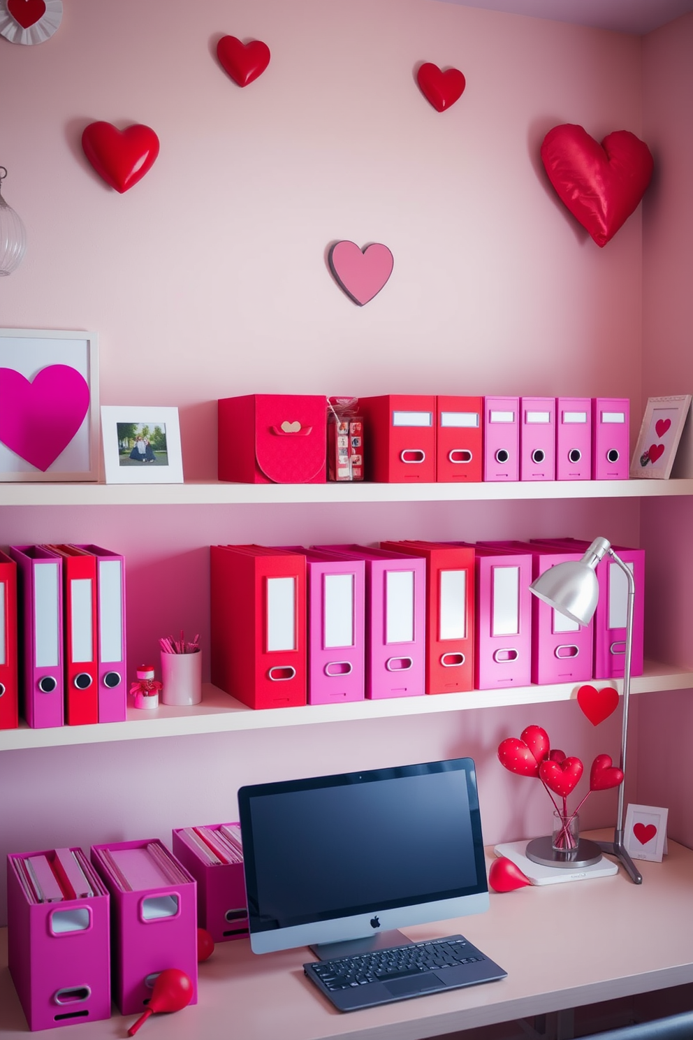 A stylish home office decorated for Valentine's Day features vibrant red and pink file organizers neatly arranged on floating shelves. The warm colors create a cheerful atmosphere, complemented by heart-themed decor and soft lighting that enhances productivity and creativity.