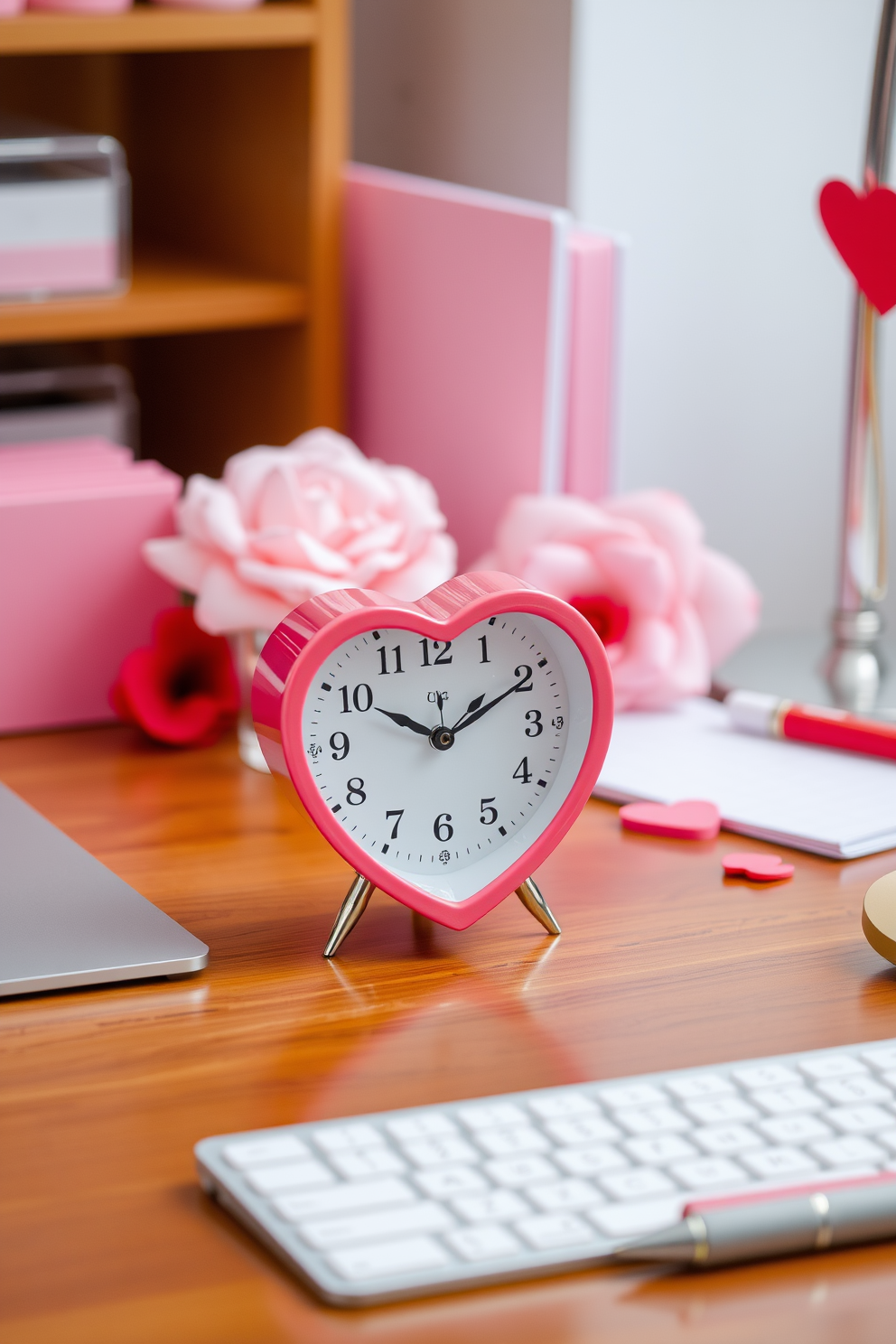 A heart shaped desk clock sits elegantly on a polished wooden desk, adding a romantic touch to the workspace. Surrounding the clock are soft pink and red accents, creating a warm and inviting atmosphere perfect for Valentine's Day.