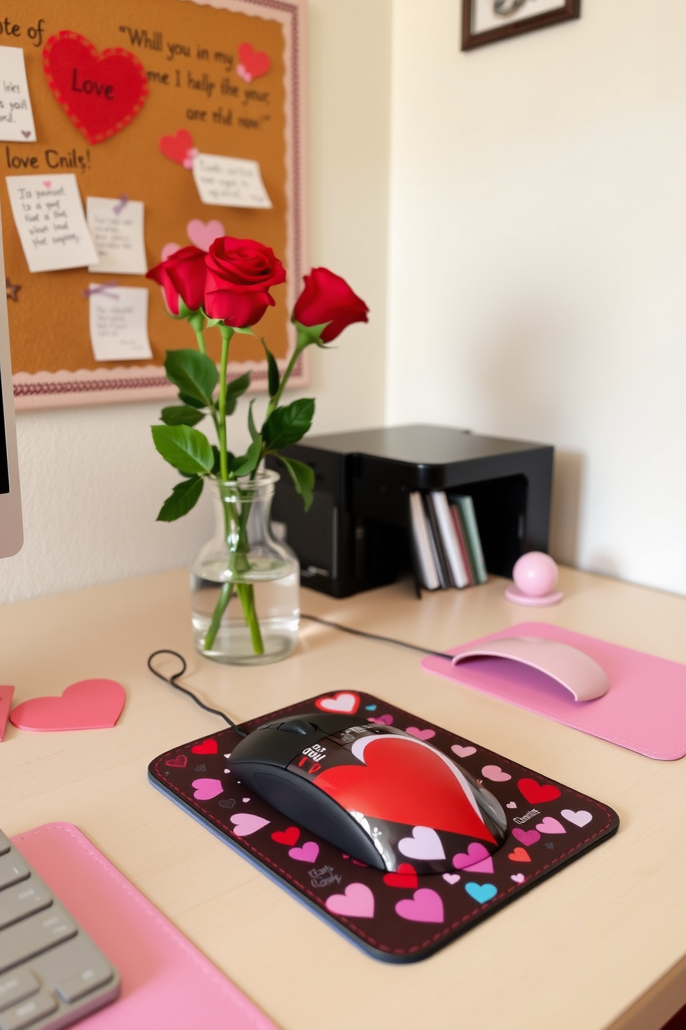 A cozy home office setting decorated for Valentine's Day. The desk features a heart-themed mouse pad with vibrant colors and playful designs, surrounded by soft pink and red accents. In the background, a bulletin board displays love notes and inspirational quotes. A small vase of fresh roses adds a romantic touch to the workspace, creating a warm and inviting atmosphere.