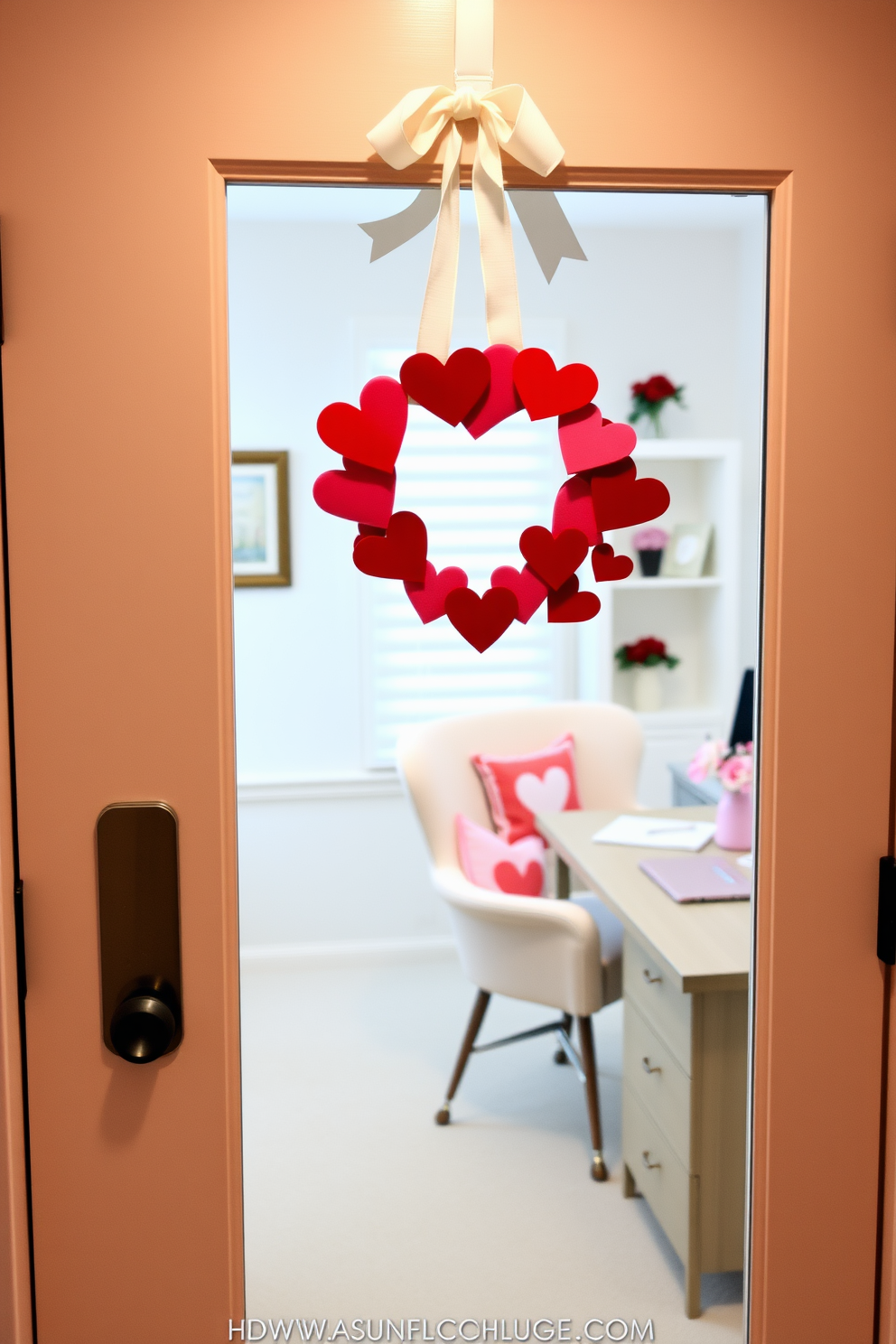 A charming DIY heart wreath adorns the office door, crafted from vibrant red and pink felt hearts arranged in a whimsical pattern. The wreath is complemented by a soft white bow at the top, adding a touch of elegance to the festive decor. Inside the home office, a cozy workspace is decorated with subtle Valentine's Day accents, including heart-shaped cushions on the chair and a small vase of fresh flowers on the desk. Soft lighting enhances the inviting atmosphere, making it a perfect spot for creativity and inspiration.