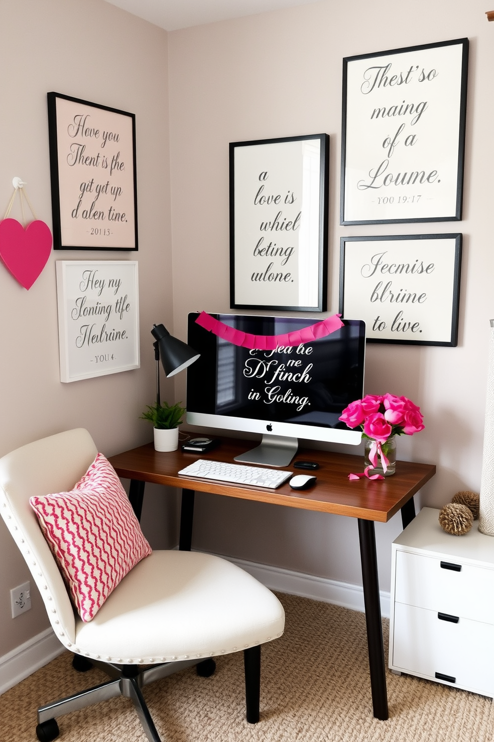 Create a cozy home office space decorated for Valentine's Day. The walls are adorned with love-themed inspirational quotes in elegant typography, creating an uplifting atmosphere.