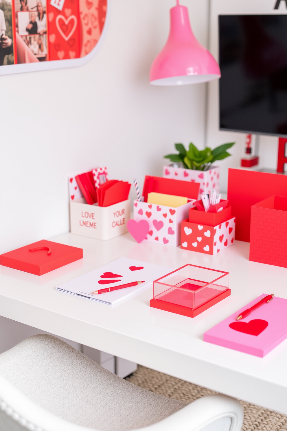 A vibrant home office setting adorned with a stylish arrangement of red and pink desk accessories. The desk features a sleek white surface complemented by a collection of heart-themed stationery, a cheerful desk organizer, and a decorative pink lamp.