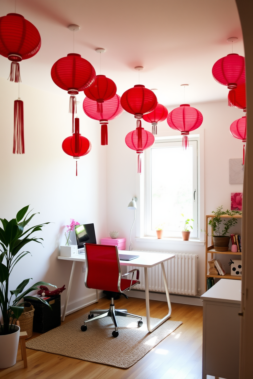 A cozy home office setting adorned with red and pink paper lanterns hanging from the ceiling. The walls are painted in a soft white hue, and a stylish desk is positioned near a window, allowing natural light to illuminate the space.