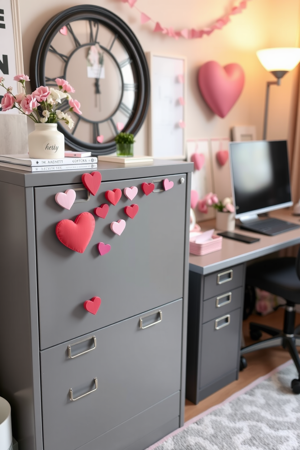 Heart shaped magnets are arranged playfully on a sleek filing cabinet in a cozy home office. The cabinet is surrounded by soft pastel decorations that evoke a warm Valentine's Day ambiance.