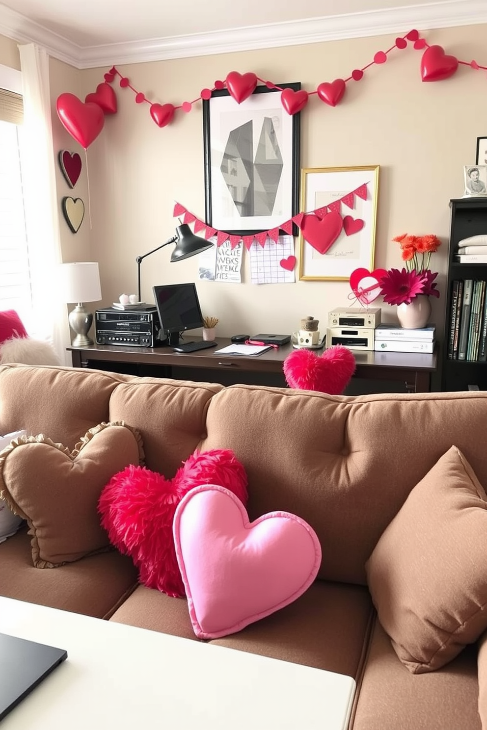 A cozy home office setting decorated for Valentine's Day. The couch features decorative heart-shaped pillows in shades of pink and red, adding a playful touch to the workspace.