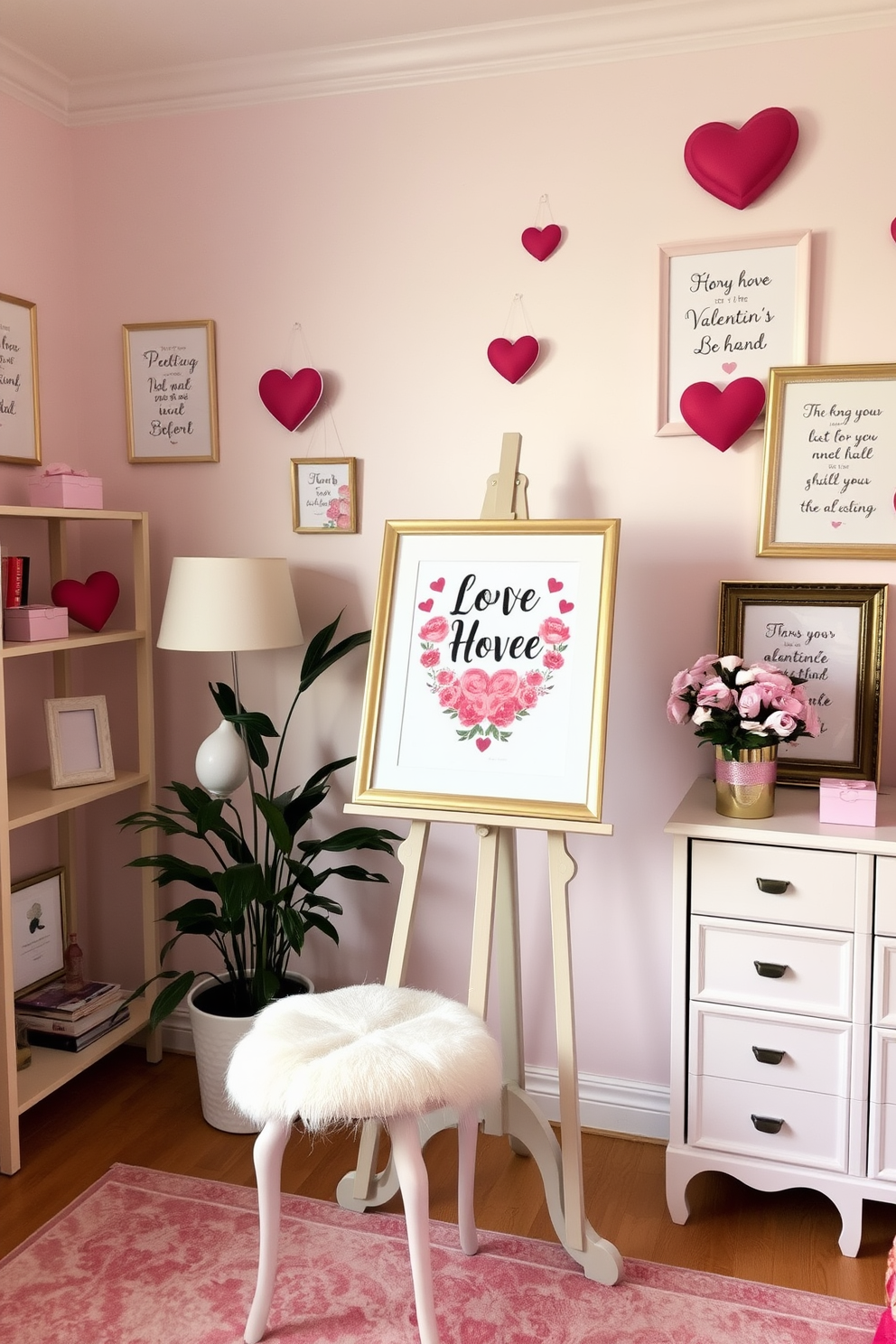 A cozy home office adorned with Valentine themed artwork displayed on an elegant easel. The walls are painted in soft pastel hues, with heart-shaped decorations and romantic quotes framed and hung around the space.