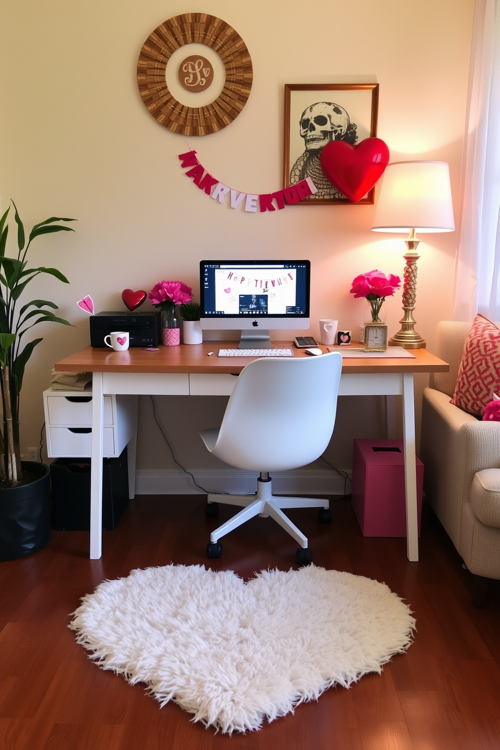 A cozy home office featuring a heart shaped rug placed under the desk area creates a warm and inviting atmosphere. The desk is adorned with festive Valentine's Day decorations including pink and red accents, adding a touch of romance to the workspace.