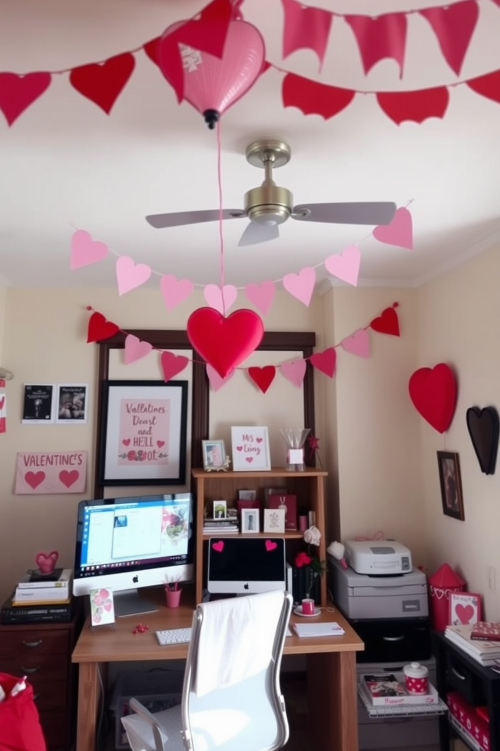 A cozy home office decorated for Valentine's Day features festive banners hanging from the ceiling in shades of red and pink. The workspace is adorned with heart-shaped accents and romantic touches, creating an inviting atmosphere perfect for creativity and productivity.