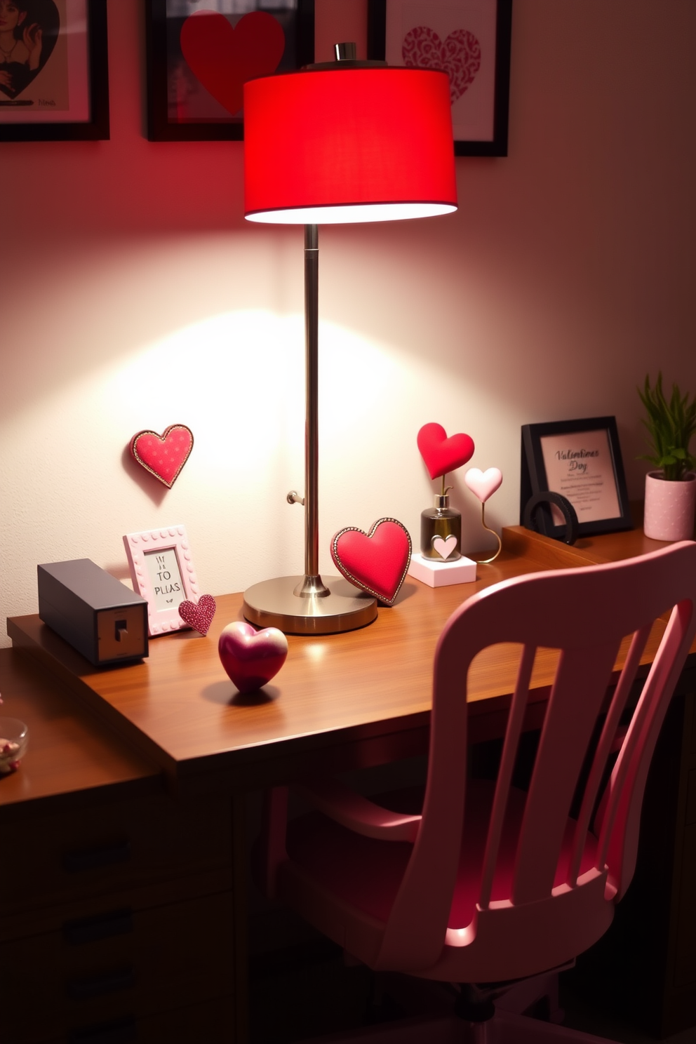 A cozy home office setting adorned for Valentine's Day. A red and pink desk lamp casts a warm glow over a stylish wooden desk, complemented by a soft pink chair and decorative heart accents.