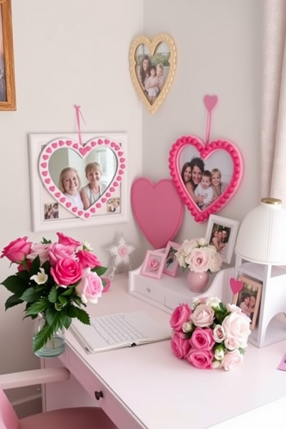 A cozy home office decorated for Valentine's Day features heart-shaped picture frames displaying cherished memories with loved ones. The desk is adorned with soft pastel accents, and a bouquet of fresh flowers adds a touch of romance to the space.