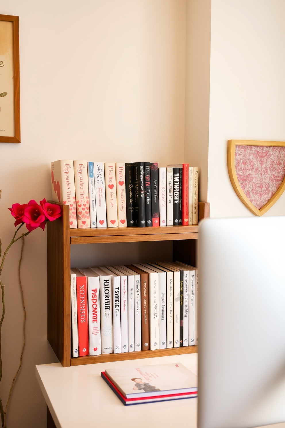 A cozy home office setting adorned with romantic themed books neatly arranged on a stylish wooden display shelf. Soft lighting illuminates the space, creating an inviting atmosphere perfect for productivity and inspiration during Valentine's Day.