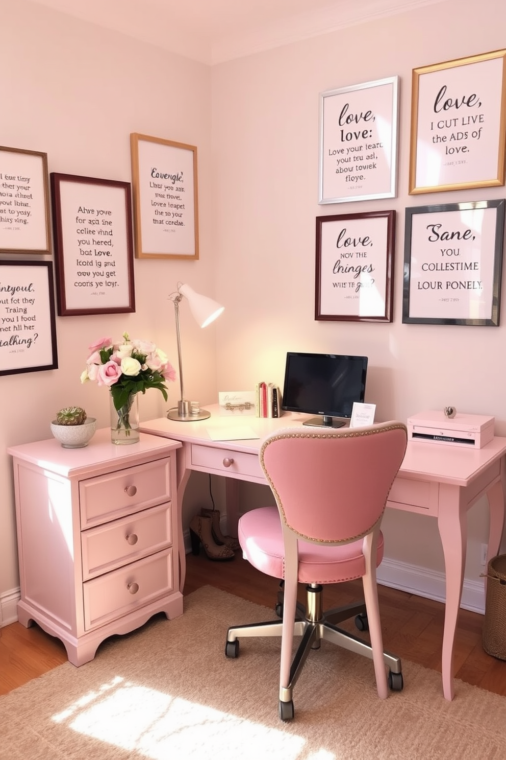 A cozy home office adorned with love quote framed prints on the walls creates an inspiring and romantic workspace. The desk is elegantly styled with a soft pink chair and a vase of fresh flowers, while warm lighting enhances the inviting atmosphere.