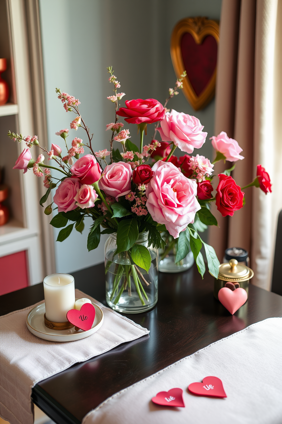 A beautifully arranged side table features seasonal floral arrangements that bring a vibrant touch to the home office. The flowers are in varying shades of pink and red, perfectly complementing the cozy workspace for Valentine's Day. The table is adorned with a soft table runner that adds texture and warmth to the setting. A few decorative elements like candles and heart-shaped accents enhance the romantic atmosphere while maintaining an elegant look.