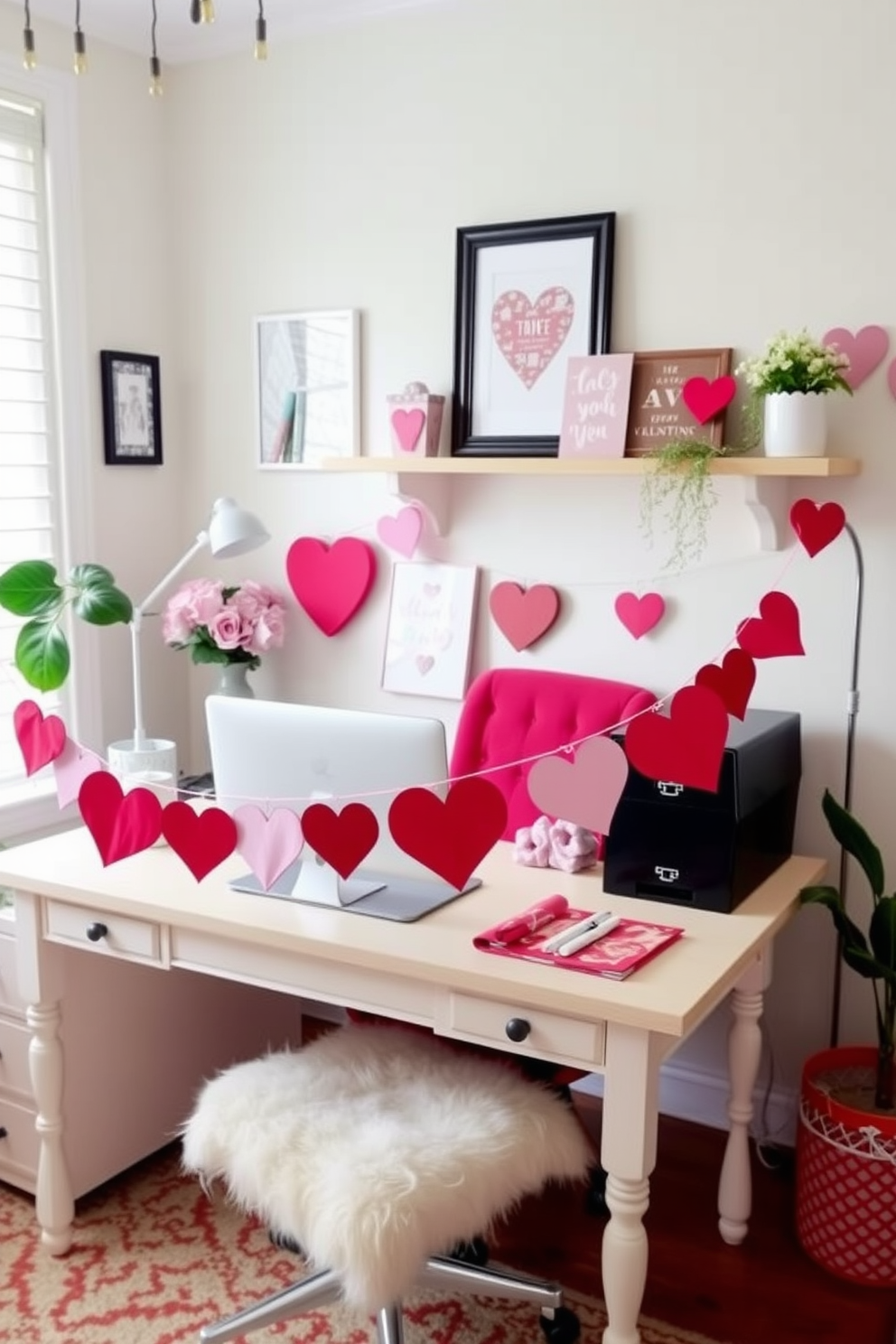 A charming home office adorned for Valentine's Day. A DIY heart garland stretches across the desk, adding a festive touch to the workspace.