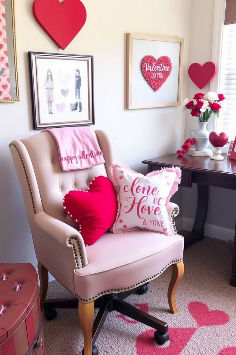 A cozy home office setting featuring a comfortable chair adorned with Valentine themed throw pillows in shades of red and pink. The desk is decorated with heart-shaped accents and a small vase of fresh flowers to enhance the romantic atmosphere.