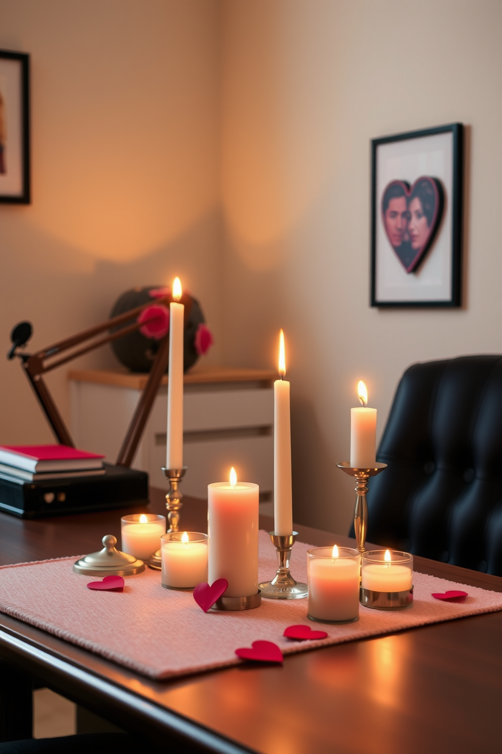 A cozy home office setting adorned with romantic candles placed elegantly on the desk surface. Soft, warm lighting from the candles creates an inviting atmosphere perfect for Valentine's Day decorating ideas.