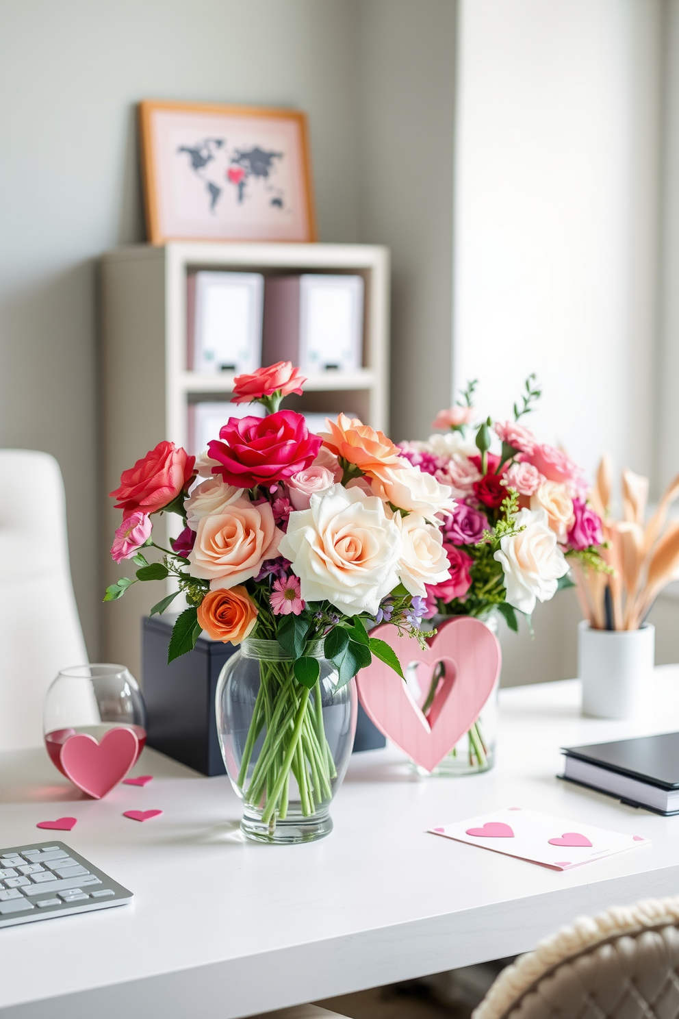 Floral arrangements in heart shaped vases create a romantic and inviting atmosphere. The vibrant colors of the flowers contrast beautifully with the soft pastel tones of the office decor. Incorporate elements like heart-shaped vases filled with fresh blooms on the desk. Add subtle Valentine's Day touches such as themed stationery and cozy textiles to enhance the workspace.