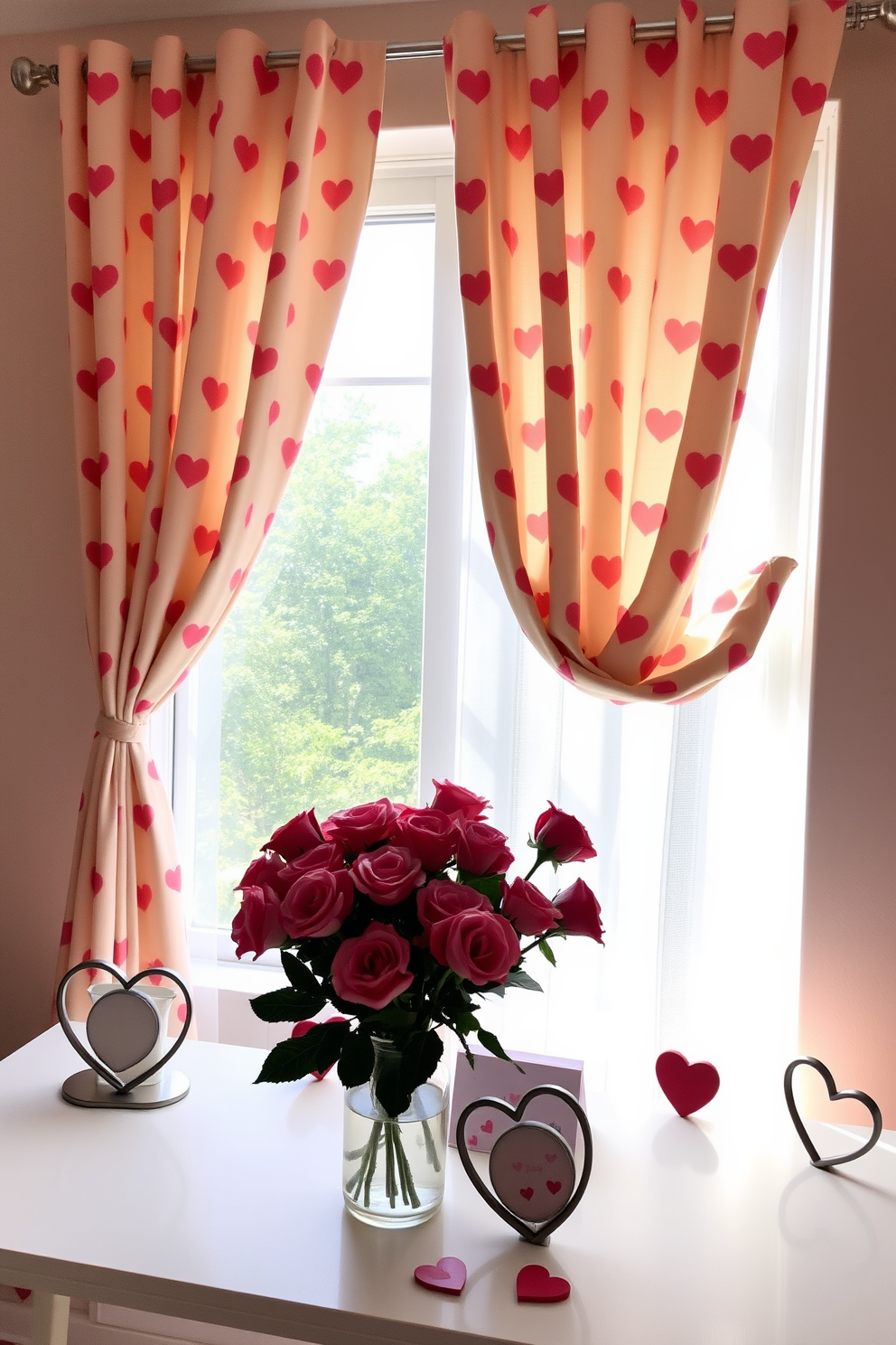 Heart patterned curtains drape elegantly across the window, adding a touch of romance to the home office. The soft fabric gently filters the light, creating a warm and inviting atmosphere perfect for productivity. On the desk, a bouquet of fresh roses in a charming vase complements the Valentine's Day theme. Subtle heart-shaped decor pieces are placed strategically around the room, enhancing the festive spirit while maintaining a professional look.