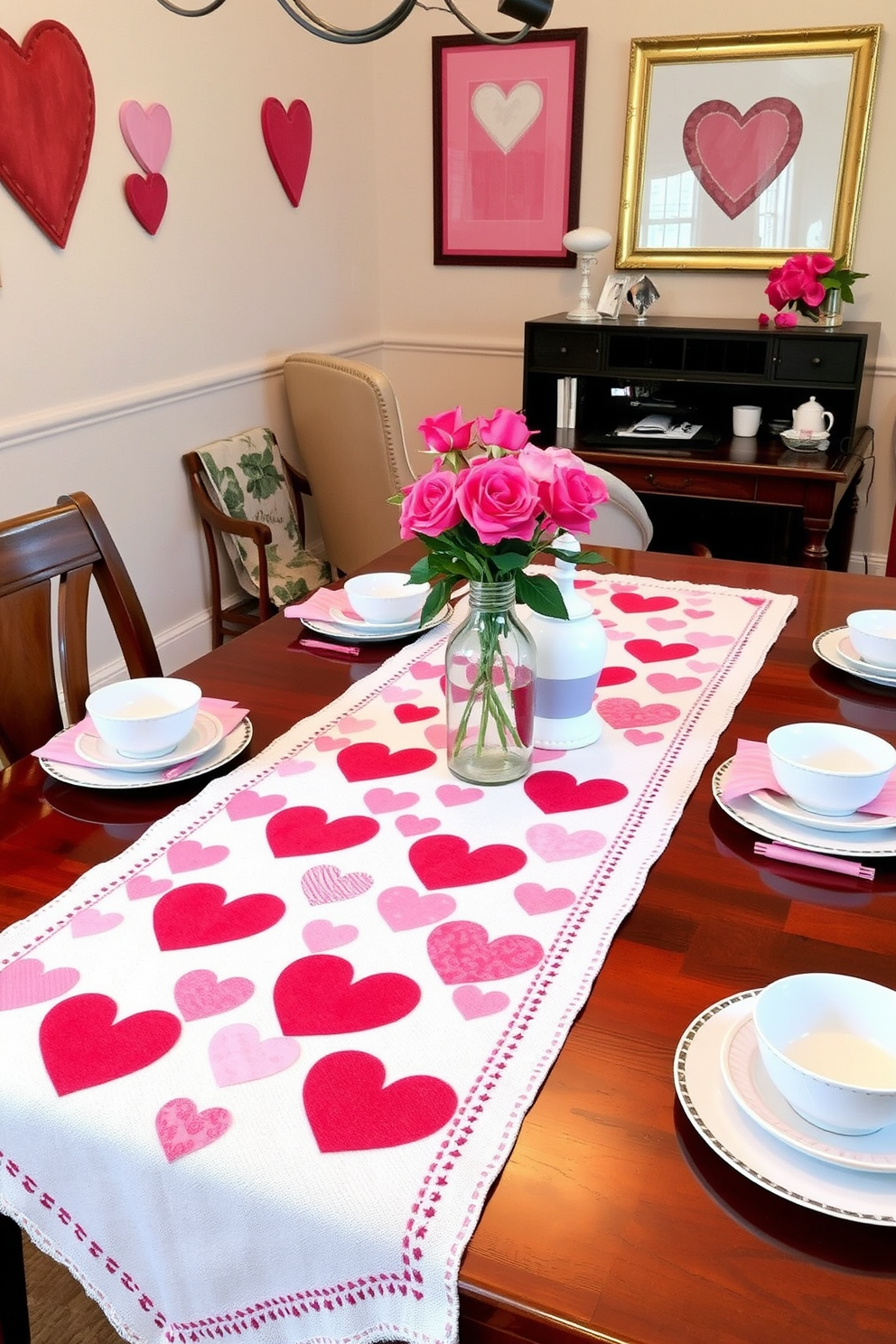 A festive table runner adorned with a hearts design stretches across a polished wooden dining table. The runner is complemented by elegant white dishes and vibrant floral arrangements, creating a warm and inviting atmosphere. In a cozy home office, Valentine's Day decorating ideas include heart-shaped wall art and soft pink accents. A comfortable chair is paired with a desk featuring a small vase of fresh roses, adding a touch of romance to the workspace.