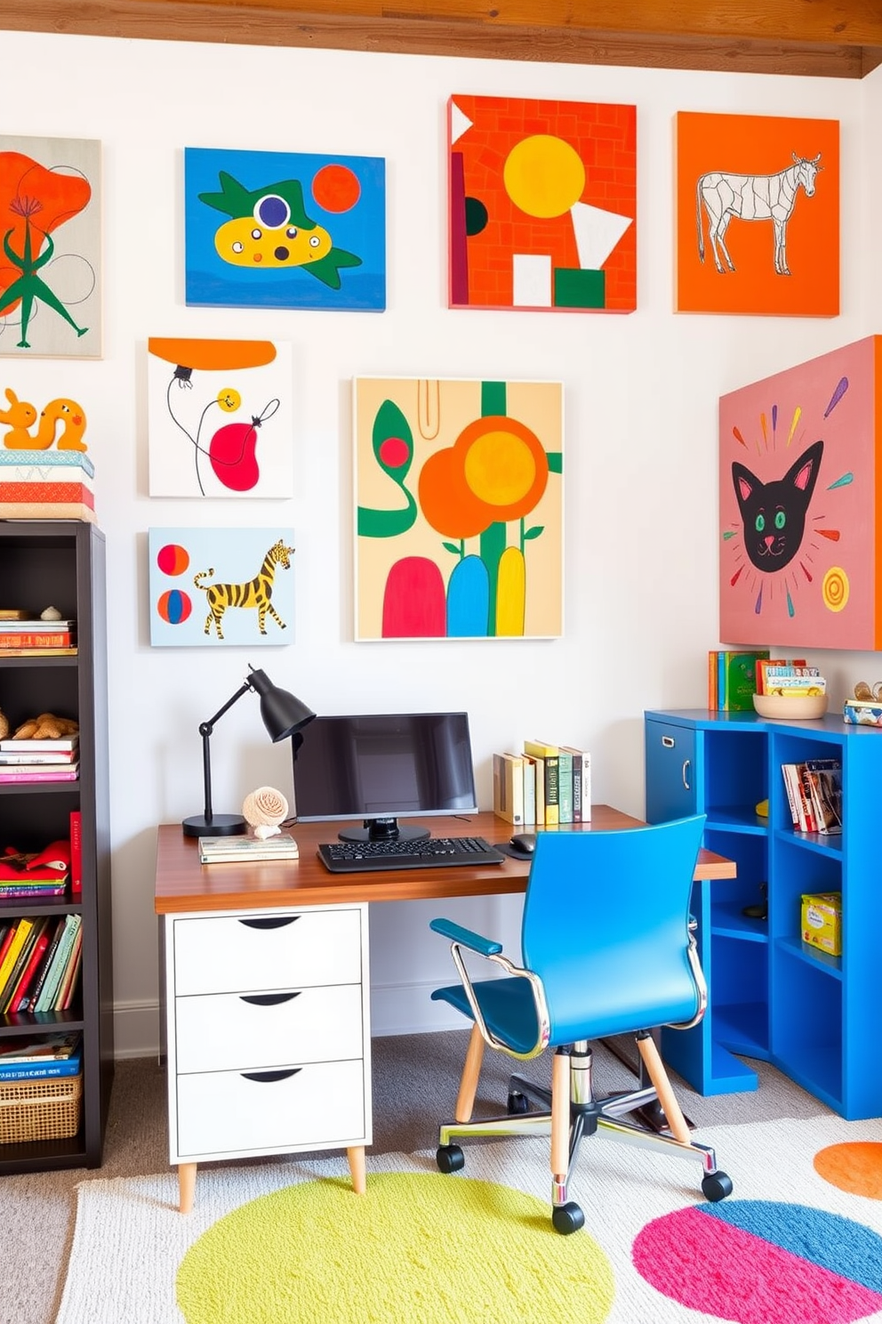 Bright colorful wall art fills the space with energy and creativity. The vibrant pieces feature abstract designs and playful themes that inspire imagination and productivity. The home office and playroom combo is designed to be both functional and fun. A stylish desk is paired with comfortable seating, while shelves display toys and books, creating an inviting atmosphere for work and play.