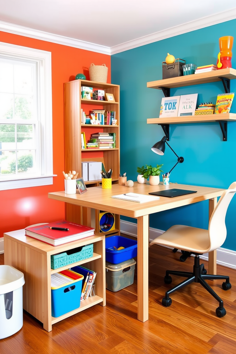 A stylish home office and playroom combo features a dual-purpose table that seamlessly integrates crafting and work activities. The table is made of light wood with ample storage underneath for art supplies and office materials, while vibrant wall colors create an inviting atmosphere for both productivity and creativity.