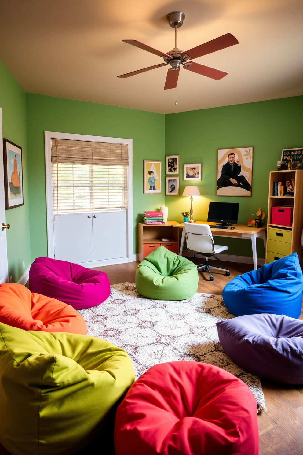 A vibrant home office and playroom combo features colorful bean bags scattered around a cozy rug. The walls are painted in a cheerful hue, and a stylish desk complements the playful atmosphere, creating a space that is both functional and inviting.