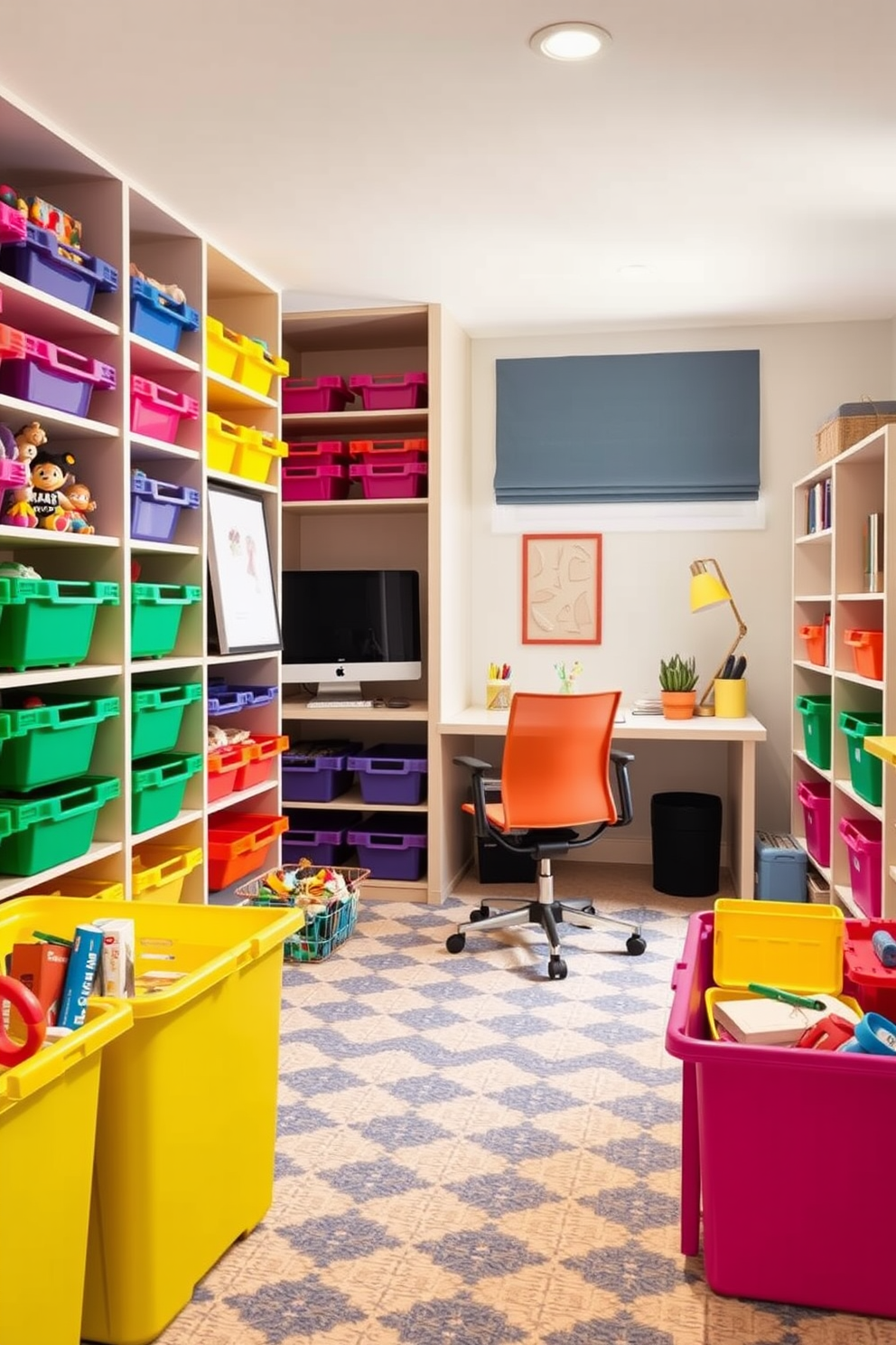 A vibrant playroom filled with colorful bins neatly organized for toys. The bins are arranged on shelves and in corners, creating an inviting and playful atmosphere. A stylish home office area seamlessly integrated into the playroom. The workspace features a modern desk with ergonomic seating, surrounded by playful decor that inspires creativity.