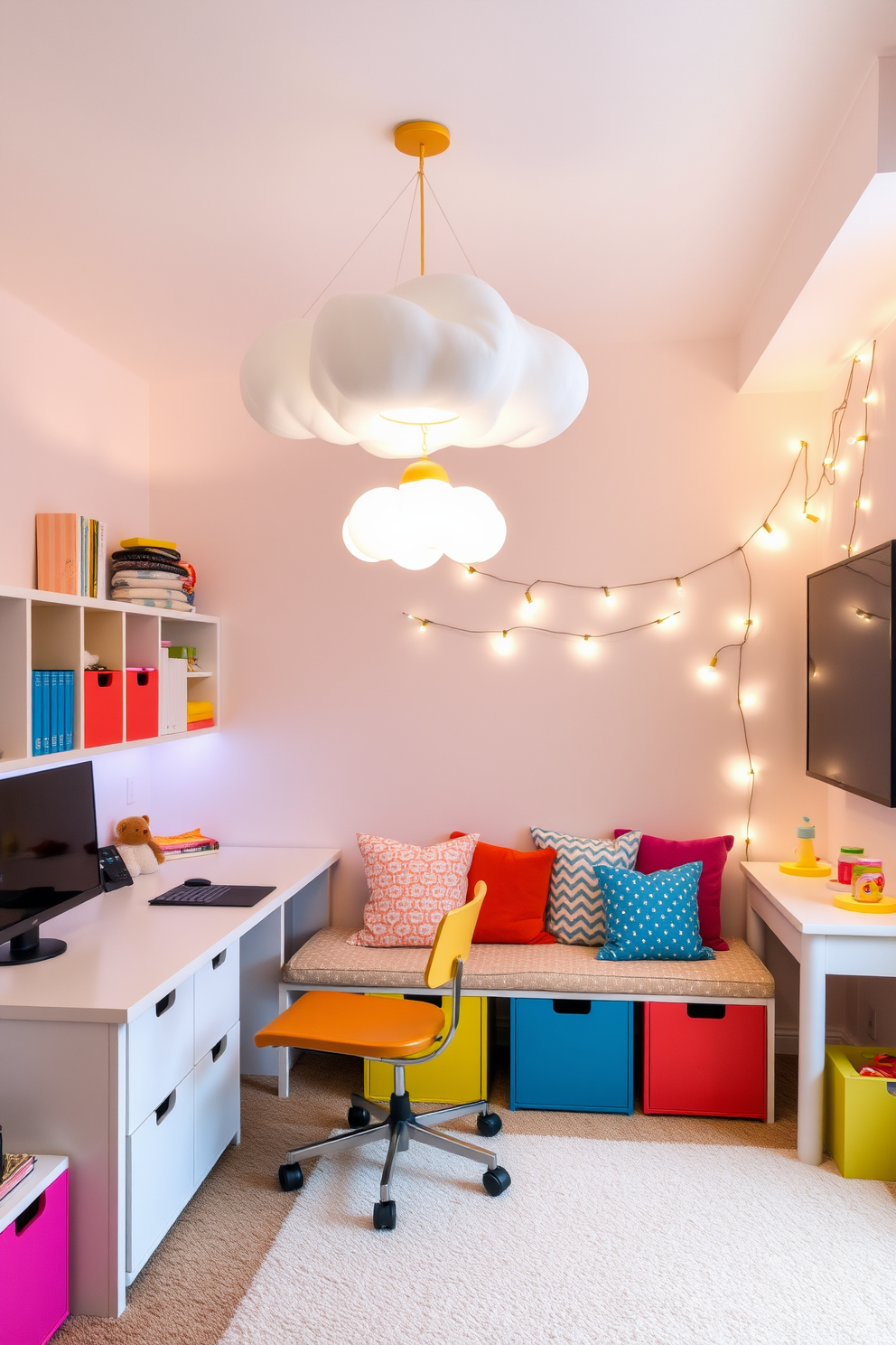 A whimsical home office and playroom combo features charming lighting fixtures that add a playful touch. The space includes a large desk with colorful storage solutions and a cozy reading nook filled with vibrant cushions. Suspended above the desk, a unique pendant light shaped like a cloud creates a dreamy atmosphere. In the play area, fun string lights twinkle along the walls, enhancing the joyful ambiance of creativity and productivity.