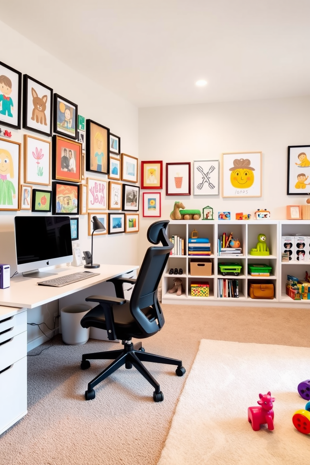 A stylish home office and playroom combo features a spacious layout that seamlessly blends productivity and creativity. The walls are adorned with a gallery wall of colorful artwork, showcasing a mix of framed prints and children's drawings, adding a personal touch to the space. A modern desk with a sleek design is positioned against one wall, complemented by a comfortable ergonomic chair. In the play area, a soft area rug defines the space, while shelves filled with toys and books provide both storage and decor, creating an inviting atmosphere for work and play.