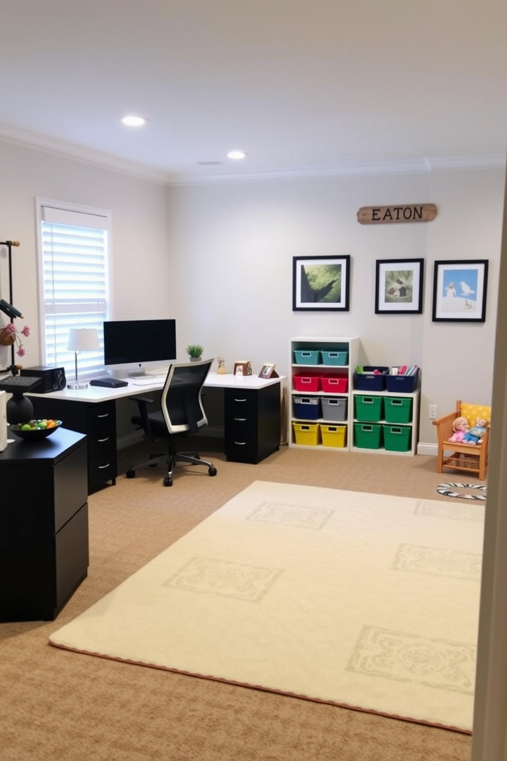 A stylish home office and playroom combo features personalized name plaques for each area, adding a unique touch to the space. The office area includes a sleek desk with a comfortable ergonomic chair, while the playroom is filled with colorful storage bins and a cozy reading nook. The walls are painted in soft pastel colors, creating a calming atmosphere that encourages productivity and creativity. A large area rug defines the play area, and framed artwork adds personality, making it a welcoming environment for both work and play.