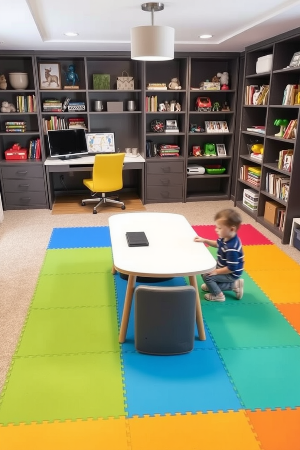 Interactive play zone with soft mats. The area features colorful foam tiles that provide a safe and comfortable surface for children to play on. Home office and playroom combo design ideas. The workspace includes a stylish desk with ample storage, while the play area is equipped with shelves filled with toys and books, creating a functional yet fun environment.