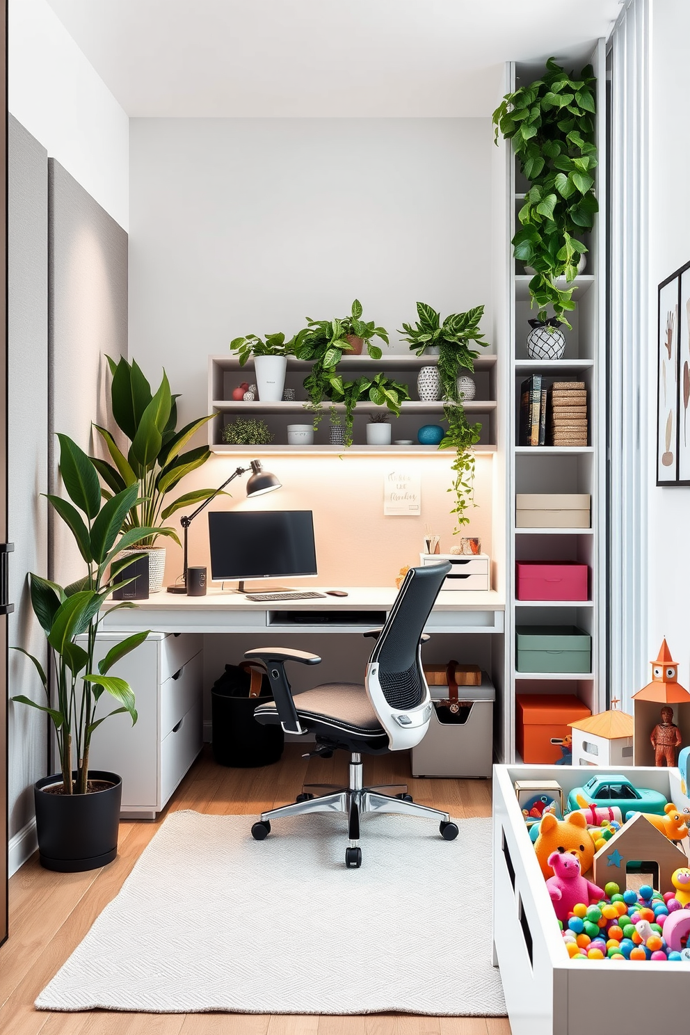 A serene corner designed for productivity and relaxation. The space features a sleek desk with a comfortable ergonomic chair, surrounded by sound-absorbing panels and lush indoor plants. A playful yet functional design that seamlessly integrates a home office and playroom. The area includes a stylish workspace with ample storage, alongside vibrant play zones filled with colorful toys and creative art supplies.