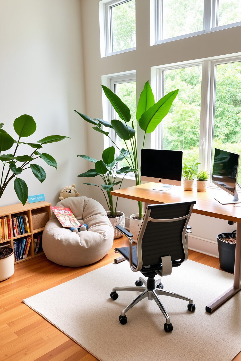 A stylish home office and playroom combo featuring a large wooden desk with a sleek ergonomic chair. The space is brightened by large windows, with lush green plants placed strategically around the room for a fresh look. To the left of the desk, a cozy reading nook is created with a plush bean bag and a small bookshelf filled with colorful children's books. The walls are painted in a soft pastel color, and a playful rug with geometric patterns adds warmth to the floor.