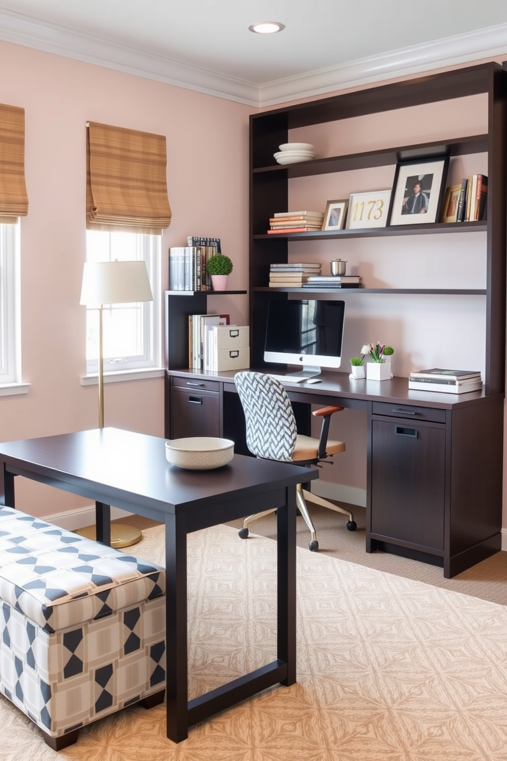 Create a stylish home office and playroom combo that maximizes space with multi-functional furniture. Include a sleek desk that transforms into a play table and a storage ottoman that doubles as seating, all set against a backdrop of soft pastel walls.