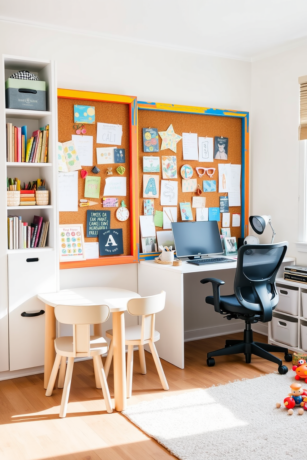 Art display area for kids creations. A bright and cheerful space with a large corkboard framed in colorful wood, showcasing various children’s artworks. Shelves filled with art supplies and books are neatly organized, while a small table with child-sized chairs invites creativity. Home Office and Playroom Combo Design Ideas. A functional workspace featuring a sleek desk with a comfortable ergonomic chair, paired with a cozy reading nook in the corner. The play area includes a soft rug and storage bins for toys, creating a harmonious blend of productivity and fun.