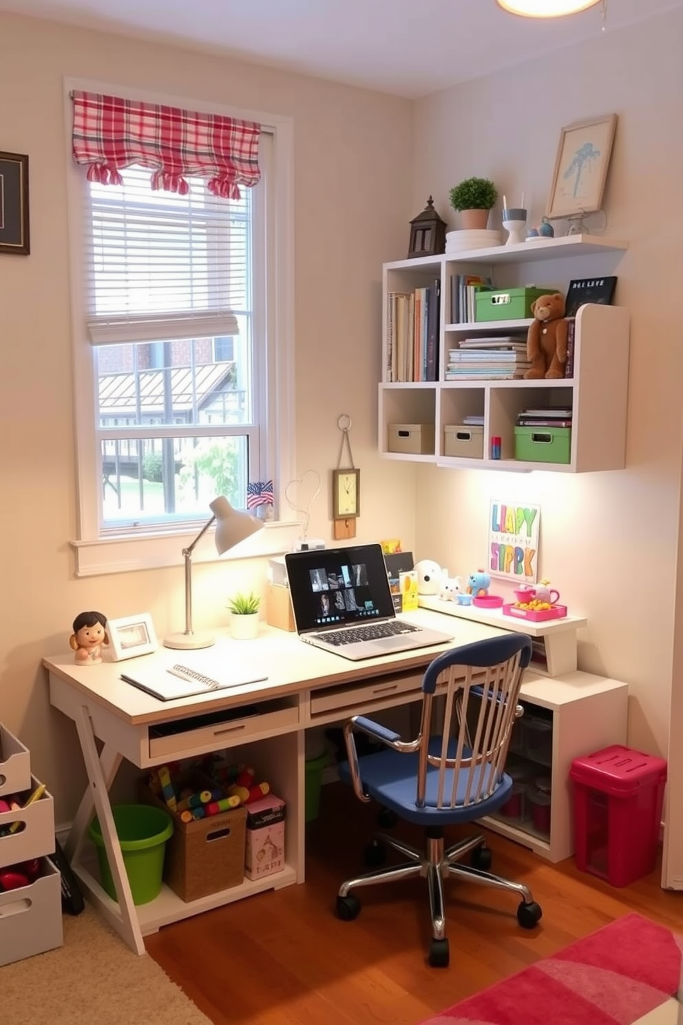 A versatile home office and playroom combo featuring a foldable desk that seamlessly transitions between work and play. The space is bright and inviting, with colorful decor and smart storage solutions to keep toys and office supplies organized.