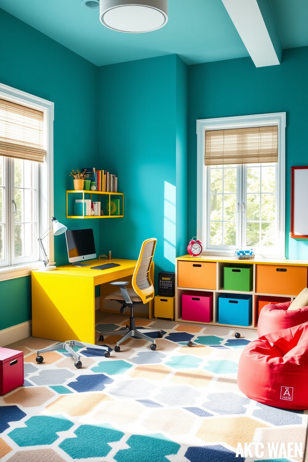 A vibrant home office and playroom combo filled with bright accent colors to energize the space. The walls are painted in a lively turquoise, complemented by a sunny yellow desk and a playful area rug featuring geometric patterns. The office area includes a sleek, modern desk with a comfortable ergonomic chair, while the playroom features colorful storage bins and a cozy reading nook with plush bean bags. Large windows allow natural light to flood the room, enhancing the cheerful atmosphere.