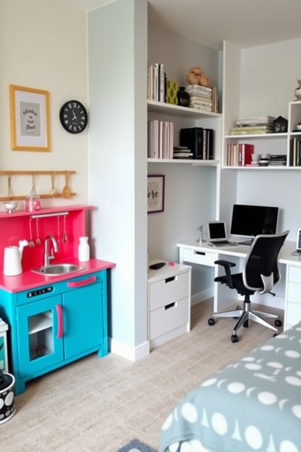 A cozy playroom featuring a small play kitchen setup in one corner. The play kitchen is painted in bright colors with realistic appliances and accessories, encouraging imaginative play. Adjacent to the play kitchen, a stylish home office area is designed with a sleek desk and ergonomic chair. The office space is organized and functional, with shelves for books and decorative items, ensuring a productive yet playful atmosphere.