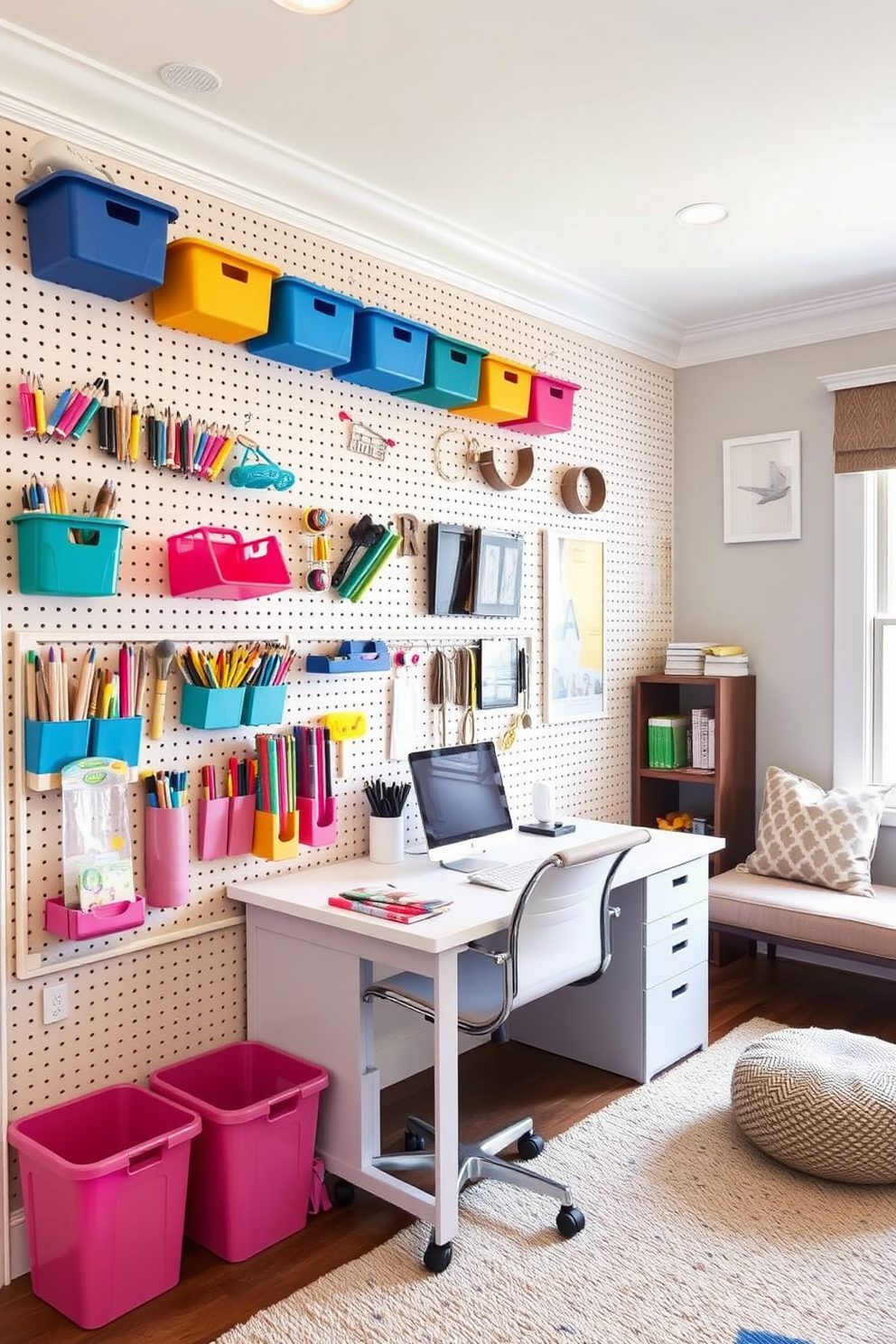 A stylish home office and playroom combination featuring a large pegboard wall for creative organization. The pegboard is adorned with colorful bins and hooks to hold art supplies, toys, and office essentials, creating a functional and playful atmosphere. The workspace includes a sleek desk with a comfortable chair, positioned near a window for natural light. Adjacent to the desk, a cozy reading nook with a small bookshelf and plush seating invites relaxation and inspiration.