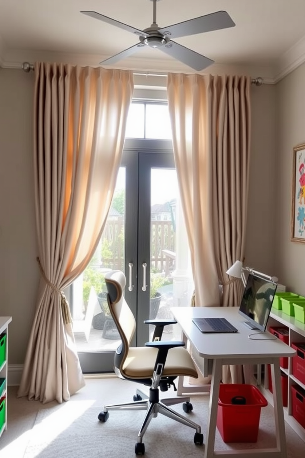 Stylish curtains drape elegantly from a ceiling-mounted rod, featuring a soft fabric in a light neutral tone that complements the room's color palette. The curtains are gathered at the sides with decorative tiebacks, allowing natural light to filter through while adding a touch of sophistication. The home office area is equipped with a sleek desk and ergonomic chair, creating a functional workspace that blends seamlessly with the playful elements of the playroom. Brightly colored storage bins and whimsical wall art add a sense of fun, making this space both productive and inviting for creativity.