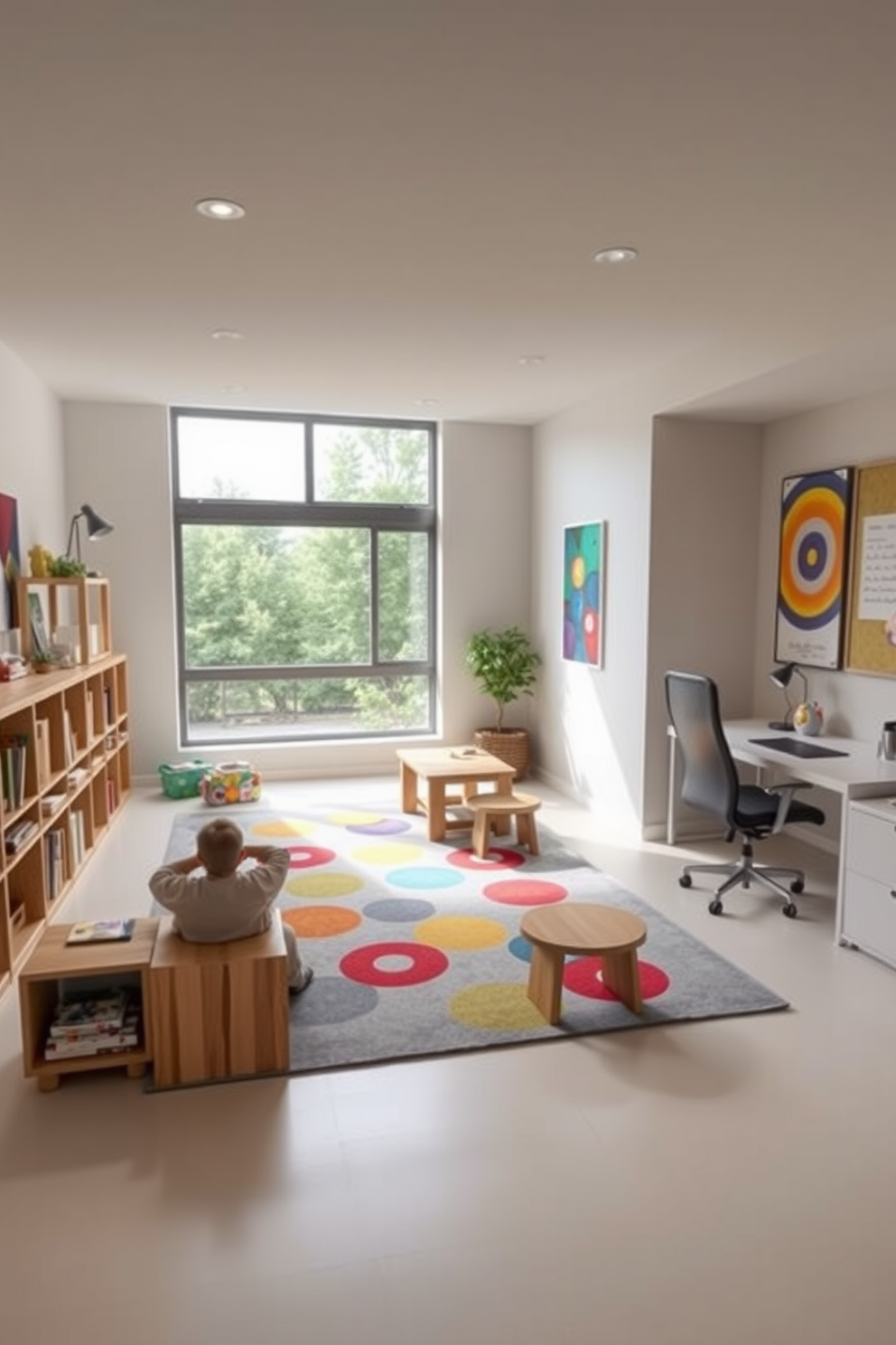 A designated area for educational games features a large, colorful rug in the center of the room, surrounded by low, modular shelving units filled with books and toys. A sturdy wooden table with comfortable seating is positioned nearby, providing a space for children to engage in creative activities and group learning. The home office section includes a sleek desk with a minimalist design, positioned to face a window that allows natural light to flood the space. A cozy armchair sits in the corner, creating a perfect reading nook for both work and leisure, while vibrant artwork adorns the walls to inspire creativity.