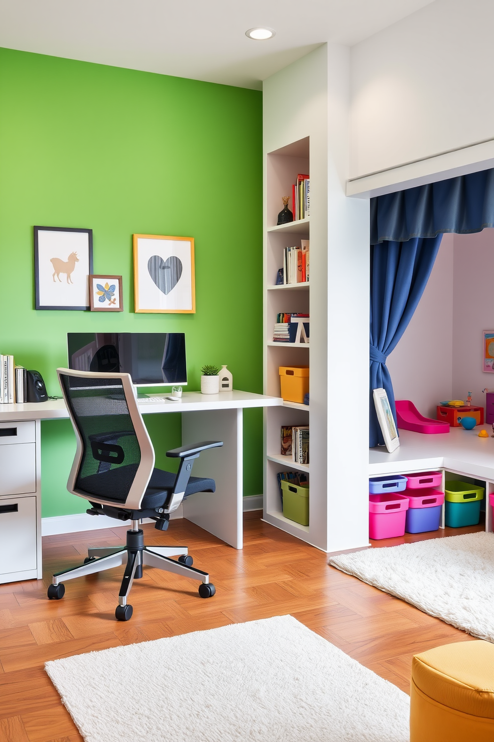 A modern home office and playroom combo featuring a sleek desk with a comfortable ergonomic chair positioned against a bright accent wall. To the right, a cozy play area includes a soft rug, colorful storage bins, and a small stage with a curtain for mini performances. The desk is surrounded by shelves filled with books and decorative items, creating an inspiring workspace. The play area is designed with vibrant colors and playful decor, encouraging creativity and fun for children while maintaining a professional atmosphere for work.