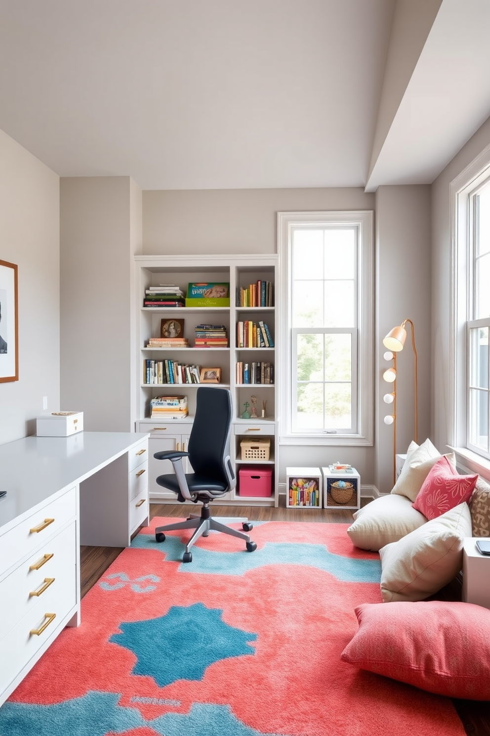 A stylish home office and playroom combo featuring a light gray accent wall that complements the warm beige tones of the furniture. The workspace includes a sleek white desk with gold hardware, paired with a comfortable ergonomic chair in a deep navy blue. In the play area, a vibrant area rug in shades of teal and coral defines the space, surrounded by playful shelving units filled with colorful books and toys. Large windows allow natural light to flood the room, highlighting a cozy reading nook with oversized cushions and a whimsical floor lamp.