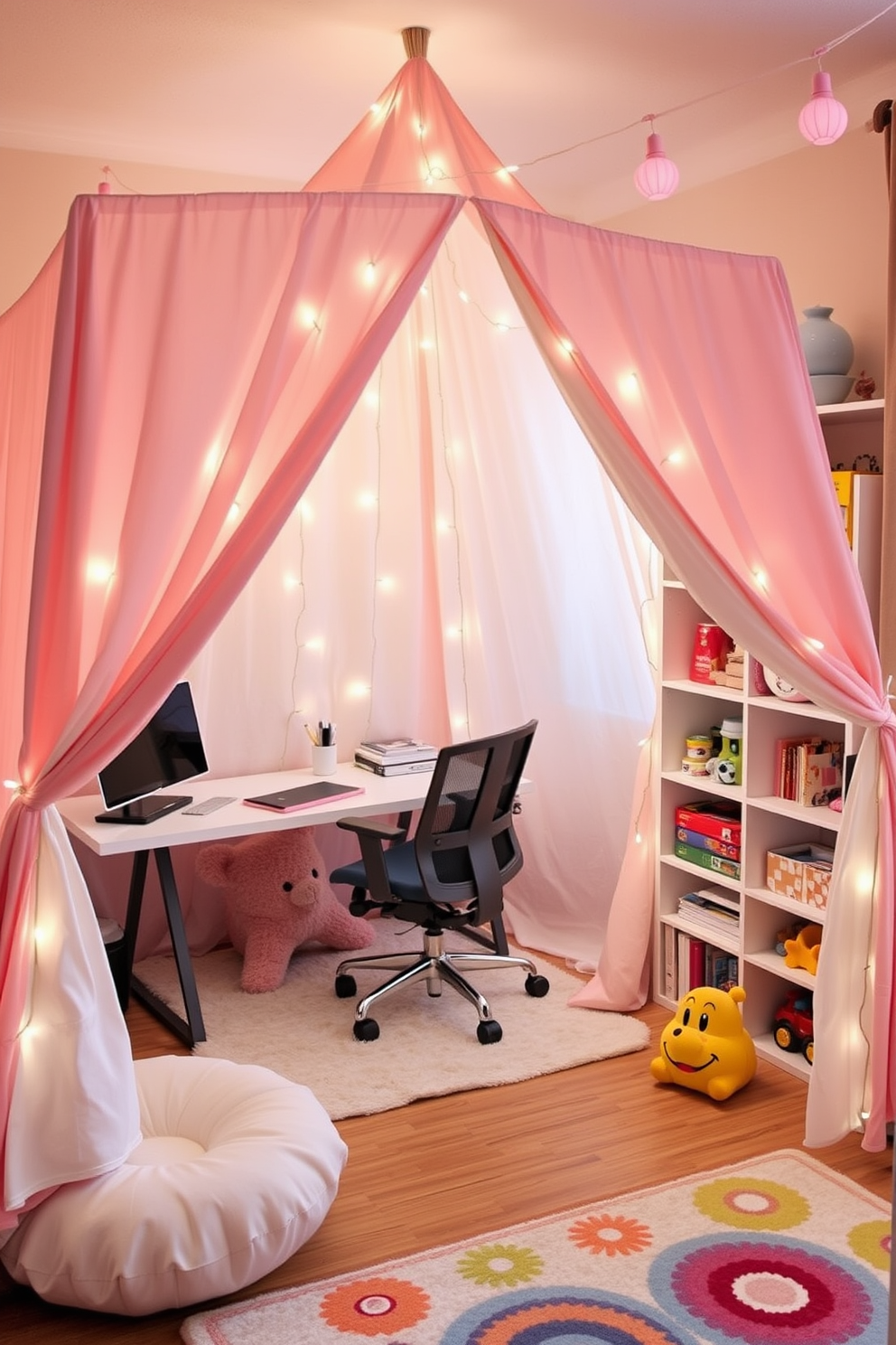 Create a cozy tent for imaginative play. The tent is made of soft fabric in pastel colors, adorned with twinkling fairy lights and plush cushions inside for comfort. Home Office and Playroom Combo Design Ideas. The workspace features a sleek desk with a comfortable ergonomic chair, while the play area includes vibrant rugs and shelves filled with toys and books.