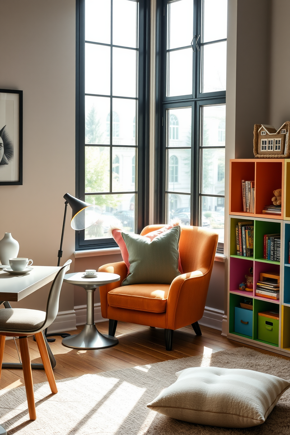 Cozy reading nook with soft cushions. A plush armchair is positioned next to a large window, bathed in natural light, with a small side table holding a steaming cup of tea. Home Office and Playroom Combo Design Ideas. A stylish desk is paired with a comfortable chair, while colorful shelving units display toys and books, creating a vibrant yet functional space.