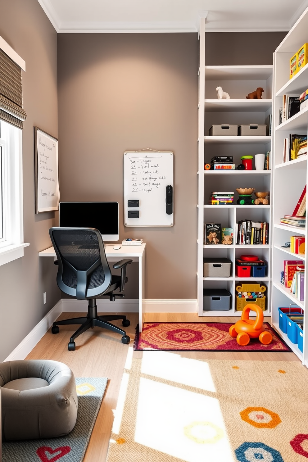 A stylish home office and playroom combo featuring a compact whiteboard mounted on the wall for notes and reminders. The workspace includes a sleek desk with a comfortable ergonomic chair, while the play area is adorned with colorful rugs and shelves filled with toys and books.