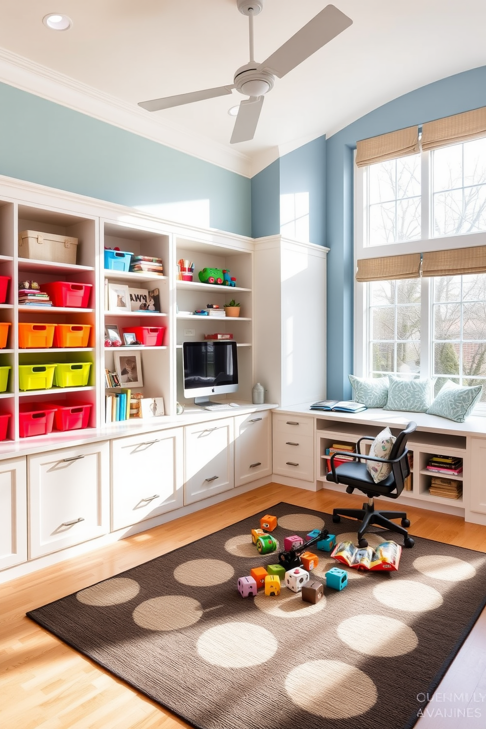 A stylish home office and playroom combo that seamlessly integrates storage for toys and supplies. The space features a large desk with built-in shelves and colorful bins for organization, creating a functional yet playful environment. Brightly colored accent walls enhance the playful atmosphere, while a cozy reading nook with cushions invites relaxation. Natural light floods the room through large windows, illuminating a rug that defines the play area and adds warmth.